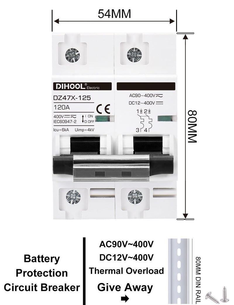 DIHOOL Solar Disconnect Switch, 120 Amp 2 Pole, DIN Rail Mount, Non Polarized, 12V 24V 48V 400V, AC/DC Circuit Breaker, RV Battery Isolator, PV Array MCB, Thermal Magnetic Trip - Image 3